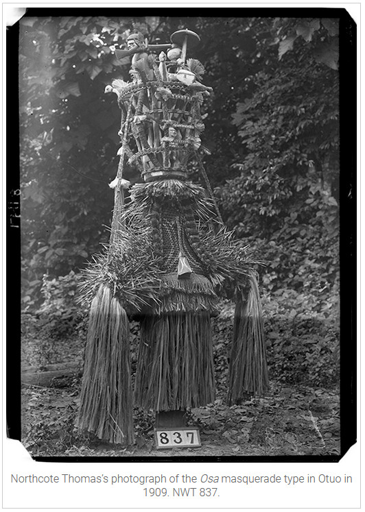 Eliminya Festival masquerade photographed by Northcote Thomas in Otuo in 1909