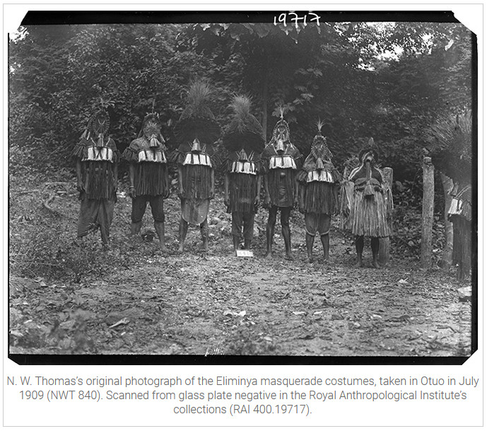 Northcote Thomas's photograph of the Eliminya masquerade costumes, Otuo, July 1909. NWT 840. RAI 400.19717.